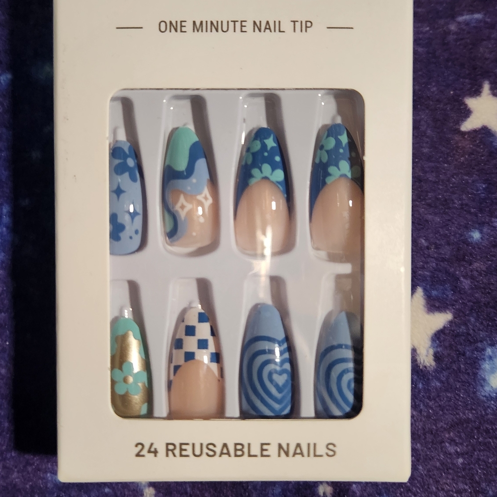 Chic Blue and Gold Reusable Nail Tips